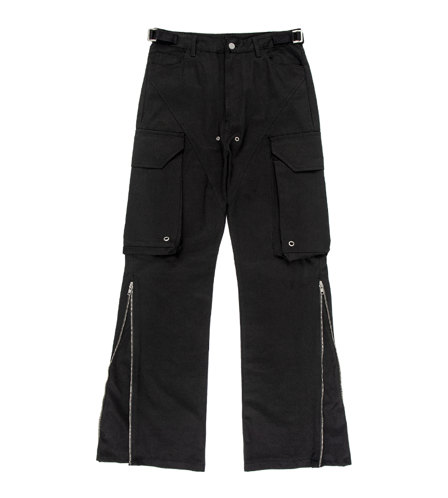 Side Zip Cargo Flare Trousers - Black
