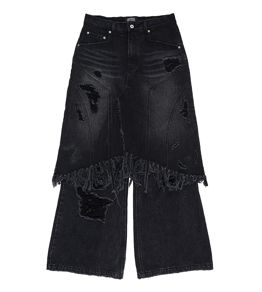 Layered Skirt Flared Denim Jeans - Washed Black