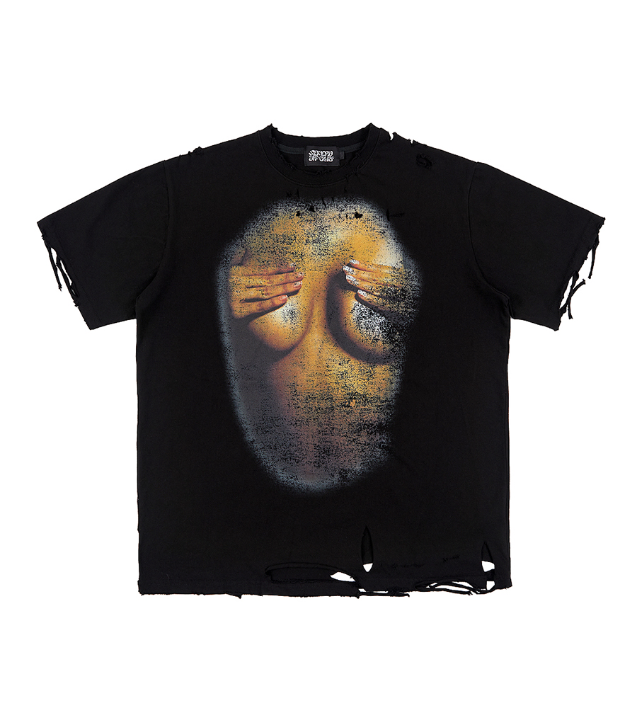Boobs Print Hand Distressed T-shirt - Black