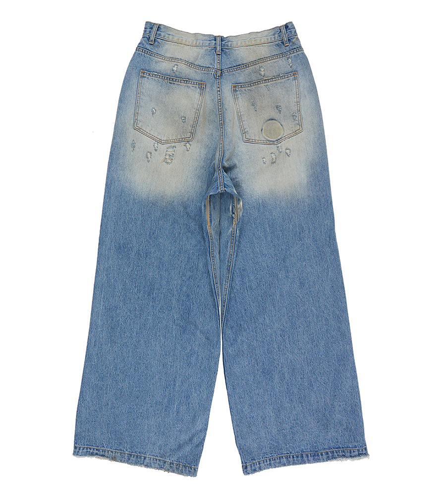 Double Waist Distressed Denim Jeans - Washed Blue